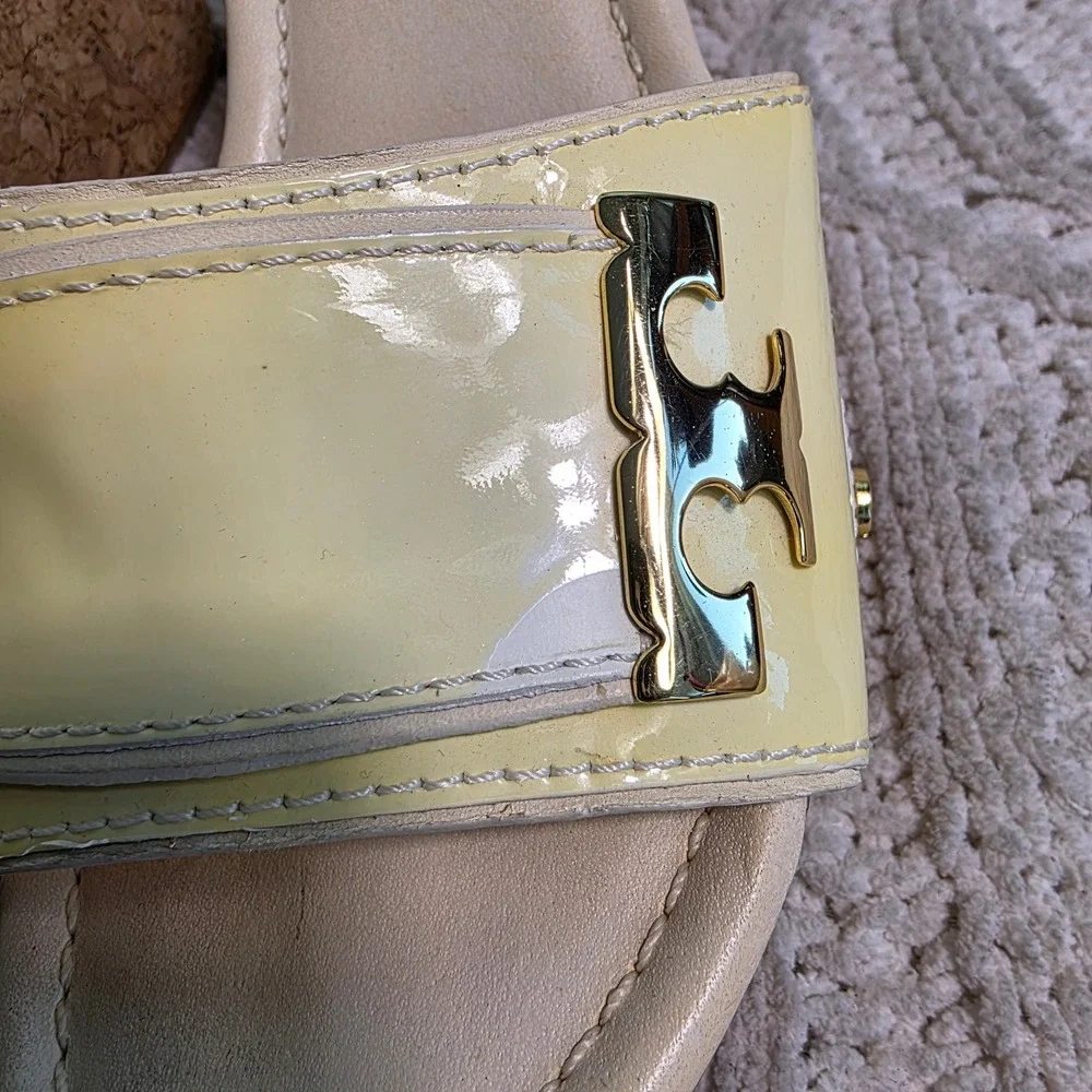 Tory Burch Miller Cork Wedge Sandals Yellow Patent Leather‎ Womens 6.5M